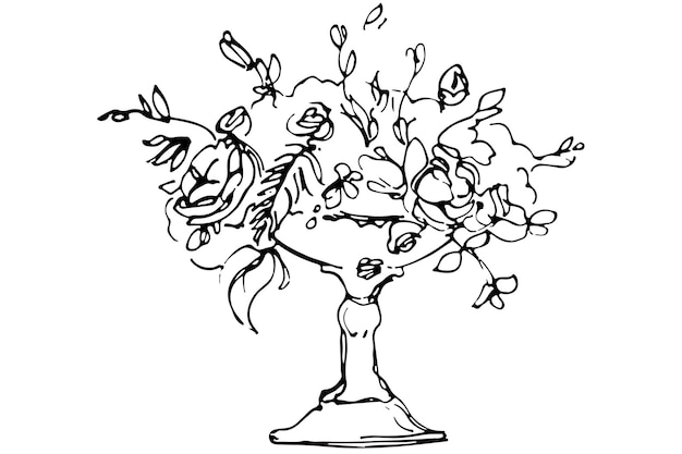 Vector sketch of a bouquet of roses in a crystal vase