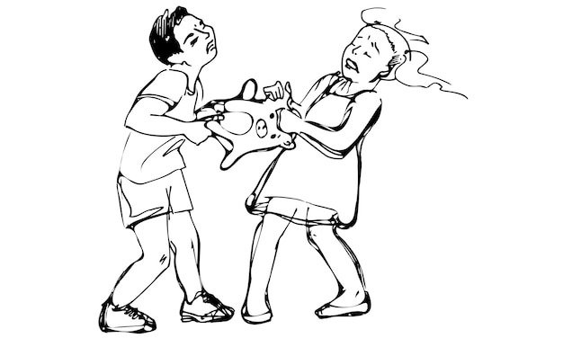 Vector sketch of boy and girl children are fighting over a toy