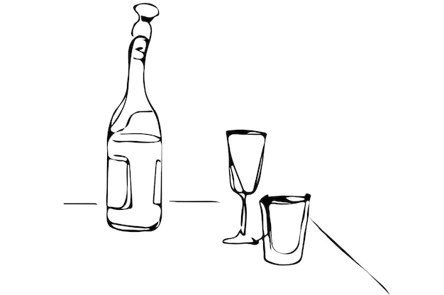 Vector sketch of a champagne bottle and glasses of wine