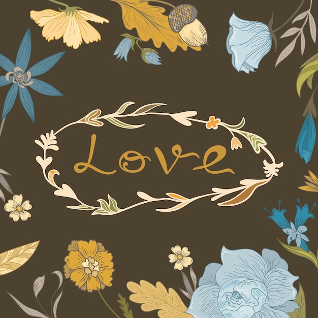 Vector sketch doodle thanksgiving card with vintage flowers on brown background