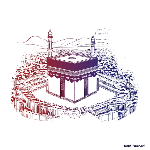 Vector sketch drawing of a Mecca and Kabah illustration