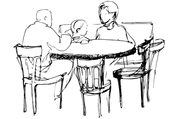 Vector sketch of father and mother with her daughter at a table in a cafes