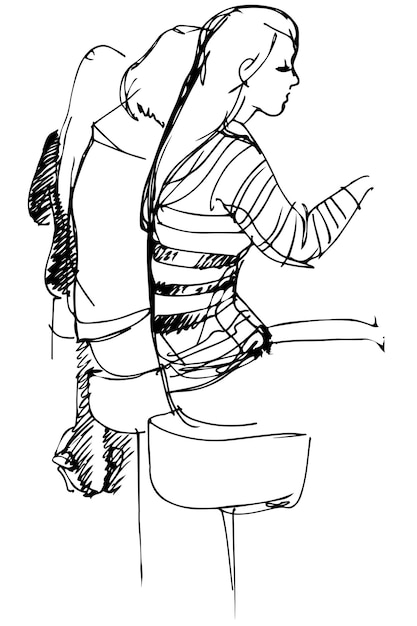 Vector sketch of the girl on high stools at the bar sit