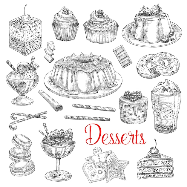 Vector sketch icons of dessert cookies and cakes