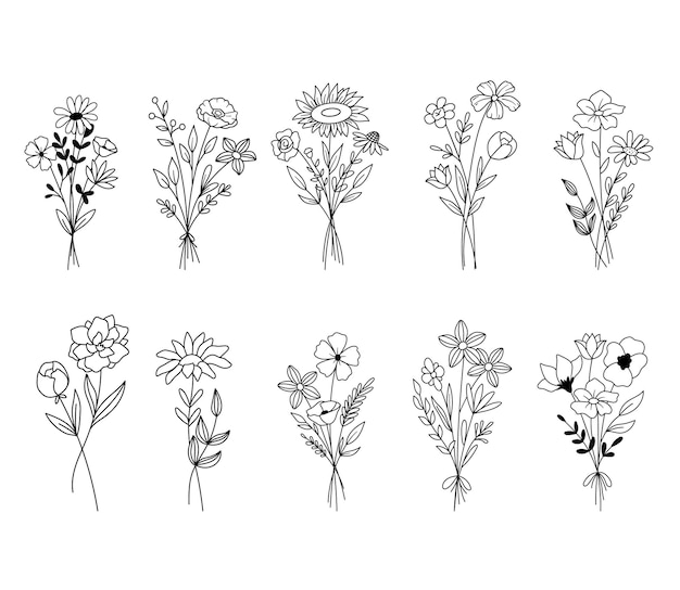 Vector sketch illustration of bouquet of flowers Set of wildflowers in doodle style isolated on white Spring or summer outline cute bouquets collection