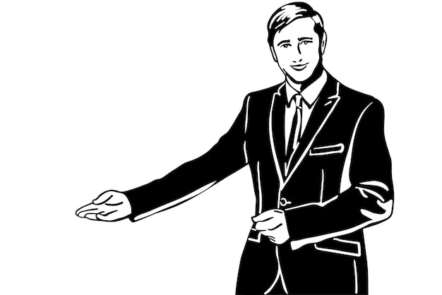 Vector sketch of a man in a suit invites with his hand