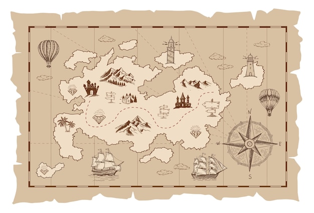 Vector sketch of an old pirate treasure map Handdrawn illustrations vector