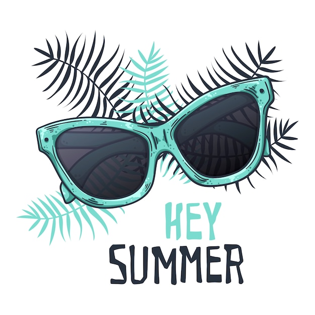 Vector sketch sunglasses in vintage style. Lettering: hey summer.