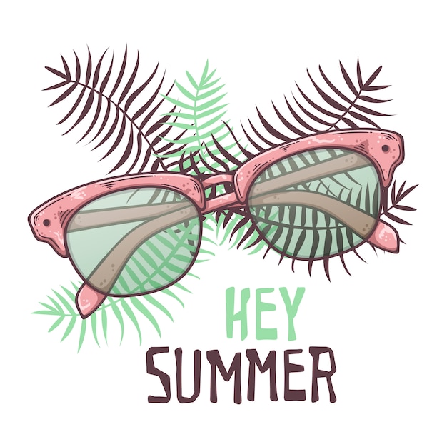 Vector sketch sunglasses in vintage style. Lettering: hey summer.