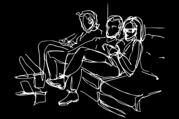 Vector sketch of two boys and a girl sitting on the couch