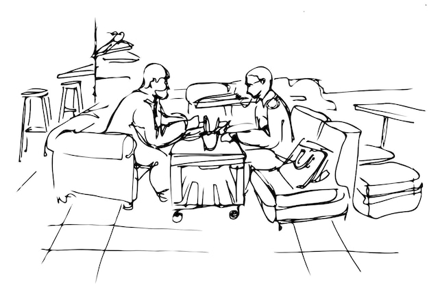 Vector sketch of two friends on a couch in a cafe