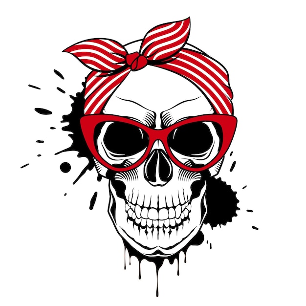 Vector skull in red cat eye glasses striped bandana and ink drops Trendy vector illustration