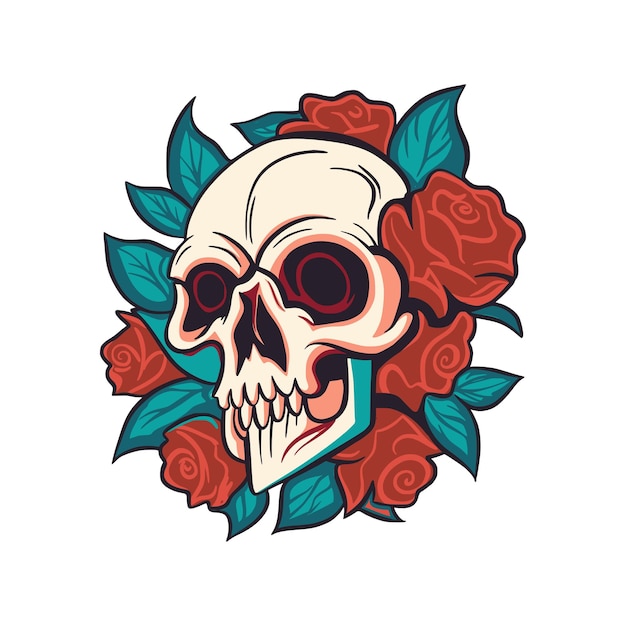 Vector skull and rose flower logo icon Art Halloween floral detailed tattoo illustration vintage retro design background