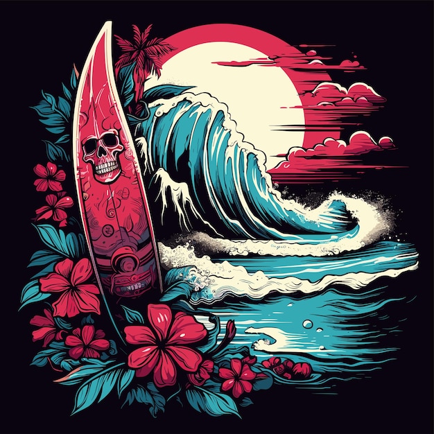 Vector vector skull and surf board on the island