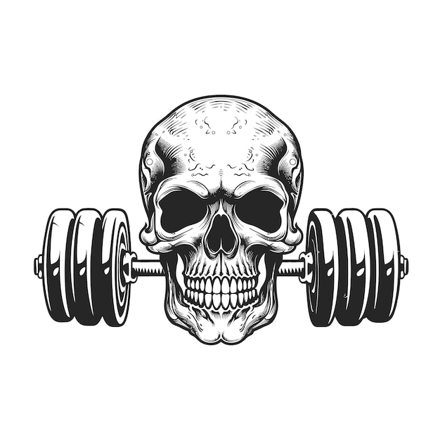 Vector skull with barbell in teeth and gym t shirt design