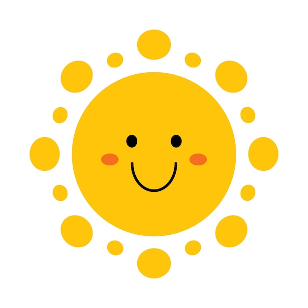 Vector smiling sun in flat design Funny sun with face Childish cute sunshine emoji Simple kawaii sun with round sunbeams Baby sunshine with blush