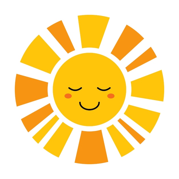 Vector smiling sun in flat design Positive illustration of sleeping sun with face Childish cute sunshine emoji Kawaii sun with sunbeams Baby sunshine with blush