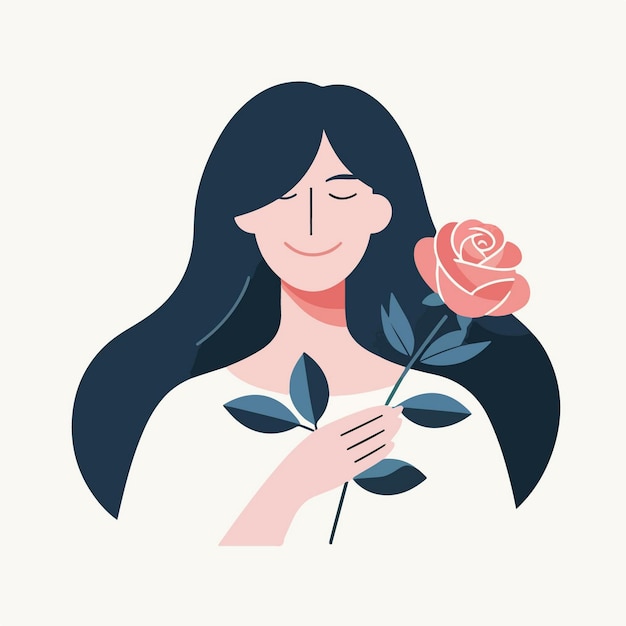 vector of smiling young woman holding flowers