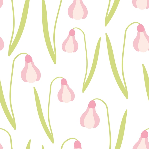 Vector snowdrop flower seamless pattern Hand drawn botanical seamless pattern Pink snowdrop with green leaf on white background Textile wrapping paper wallpaper fashion textures