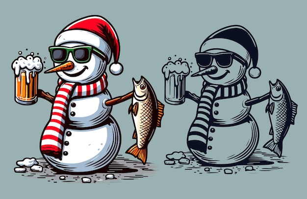 vector snowman with a beer colorful and bw