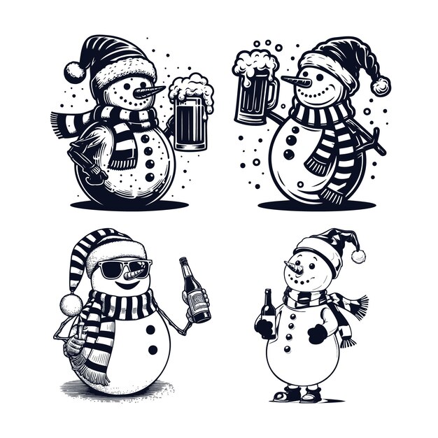 Vector vector snowmans with a beer bw