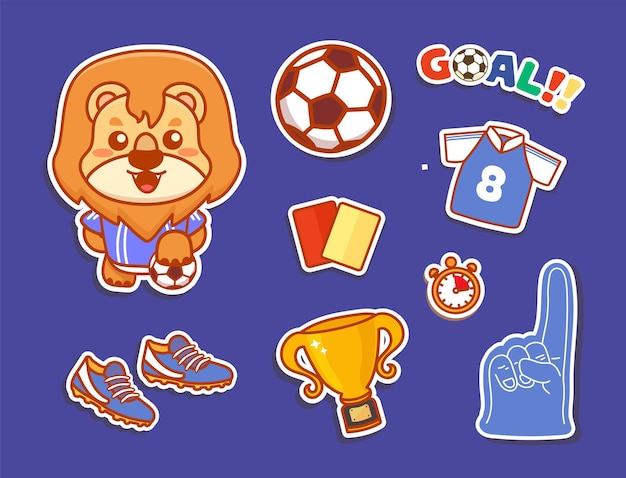 Vector soccer sticker set with cute lion character and isolated blue background. Kawaii cartoon vector