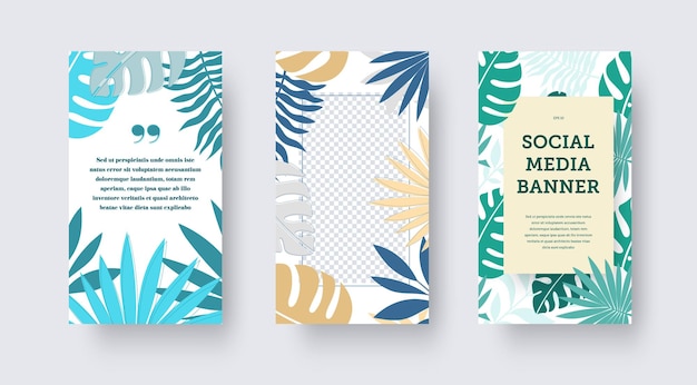 Vector social media banner with tropical leaves palm trees monstera exotic plants in blue green nude colors on a white background