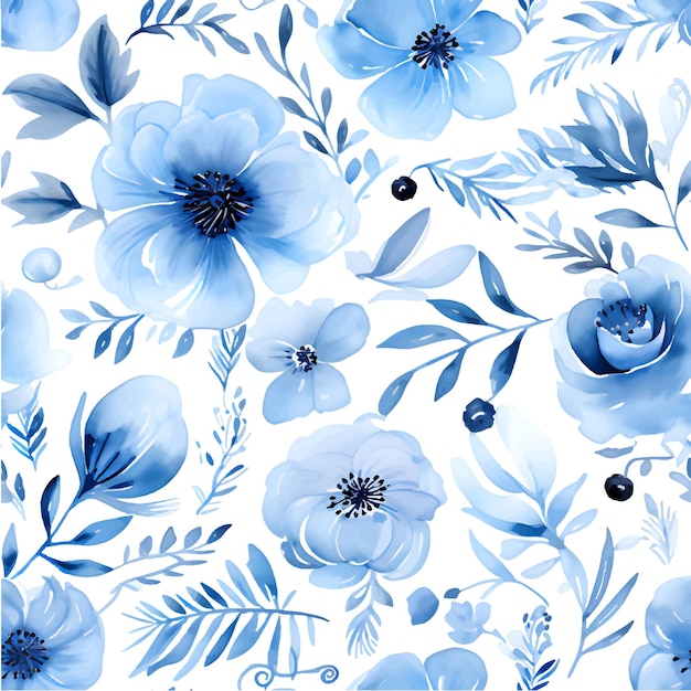 Vector Soft blue floral watercolor seamless pattern with white background