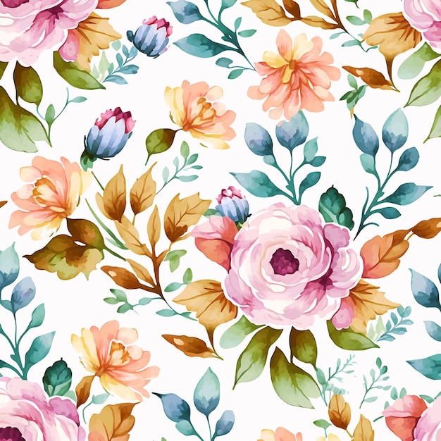 Vector Soft pink and blue floral watercolor seamless pattern with white background