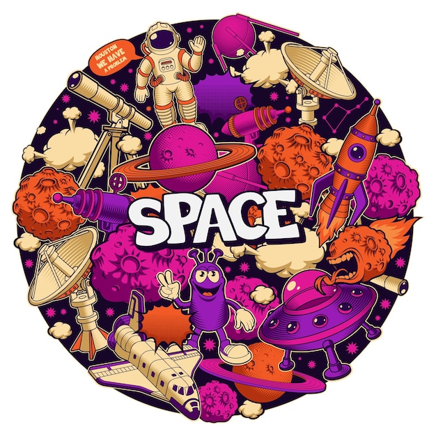 Vector space circular pattern in cartoon style