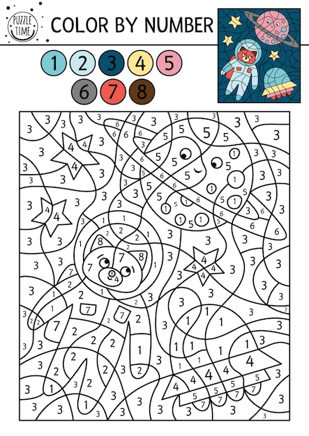 Vector space color by number activity with astronaut planet UFO Astronomy coloring and counting game with cute cosmonaut stars Funny cosmos coloration page for kids xA