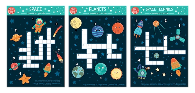 Vector space crossword set Bright and colorful quiz for children Puzzle activity with UFO planets star astronaut comet rocket asteroid space technics Astronomy printable worksheets collectionxA