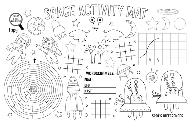 Vector space placemat for kids Fairytale printable activity mat with maze tic tac toe charts connect the dots find difference Black and white play mat or coloring pagexA