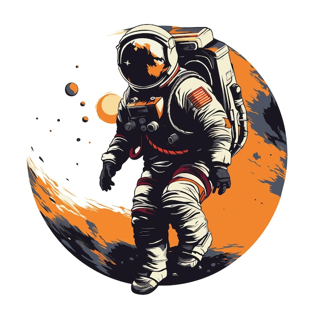 Vector Spaceman standing on the earth icon eps10 Vector lively astronaut with a planet in the back icon eps10