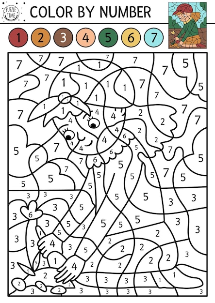 Vector spring color by number activity with girl planting flower Garden counting game with cute child Funny farm or nature scene coloring page for kids xA