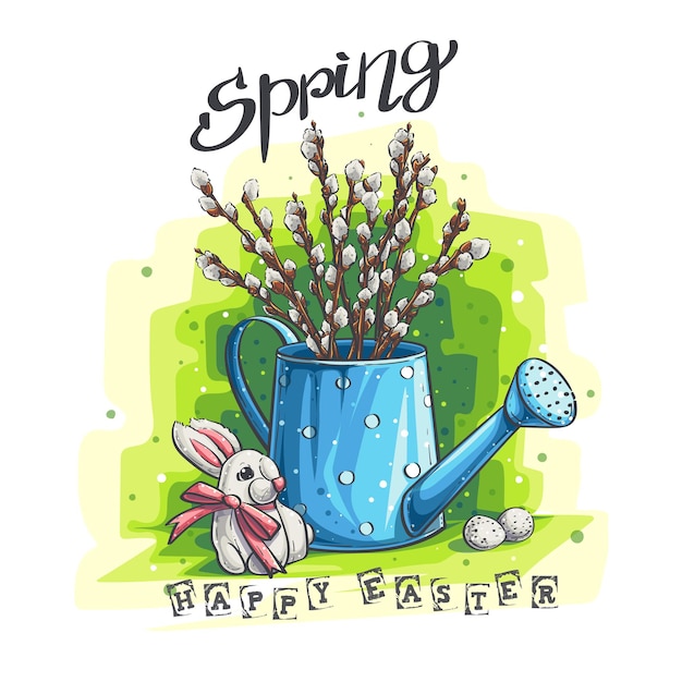 Vector spring easter greeting illustration with bunny and Salix caprea L in blue