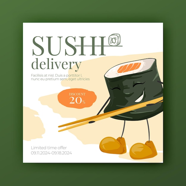 Vector vector square banner with cute happy sushi holding big chopsticks home food delivery maki roll set discount coupon cartoon hand drawn social media post template funny art layout for ads promotion