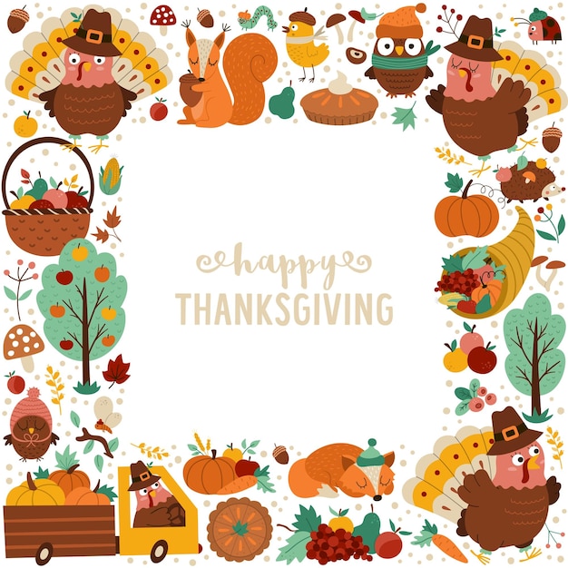 Vector square frame with comic turkey forest animals Thanksgiving elements pumpkins harvest Autumn card template design for banners posters invitations Cute fall illustrationxA