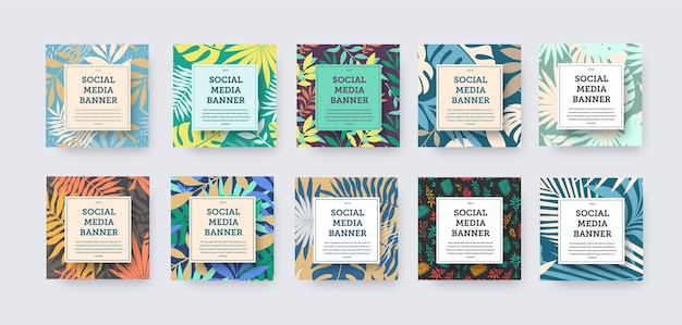 Vector square social media banner with tropical twigs exotic jungle white geometric elements in the center