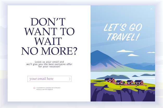 Vector squeeze page design template with beautiful flat landscape illustration and email text box Special offer season concept For traveling firm and agency mailing discount programs etc