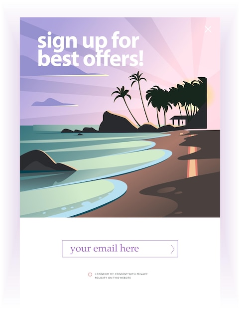 Vector squeeze page design template with beautiful flat seacoast landscape illustration and email text box Special offer season concept For traveling firm and agency mailing discount programs etc