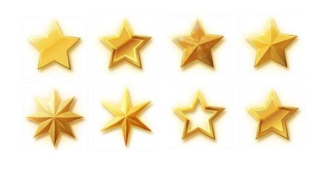 Vector stars set of realistic metallic golden stars isolated on white background Glossy yellow 3D trophy star icon