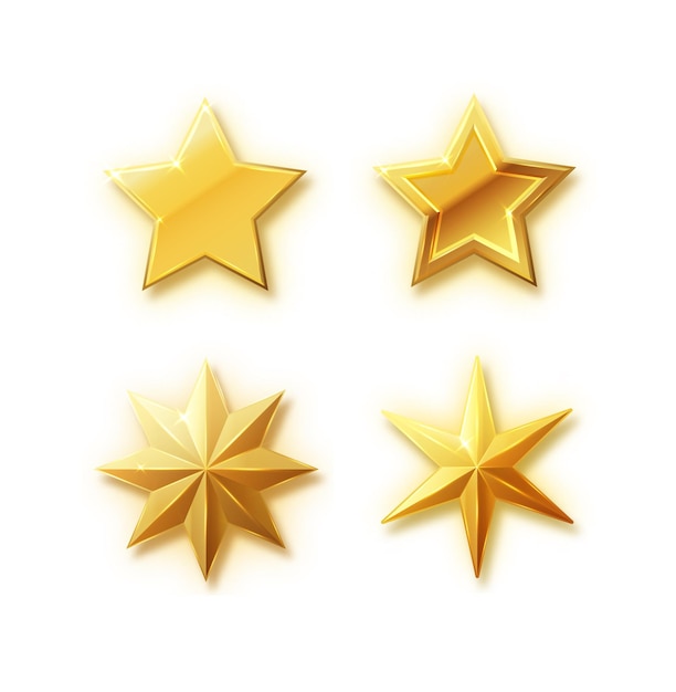 Vector stars set of realistic metallic golden stars isolated on white background glossy yellow d tro