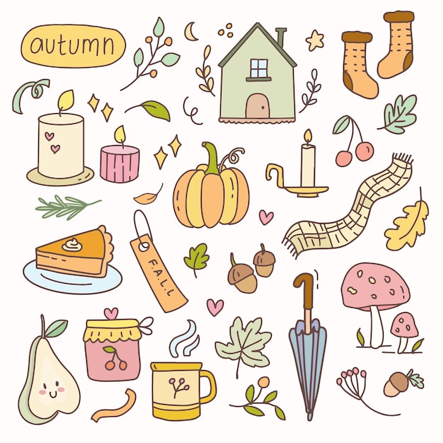 Vector sticker fall autumn element cartoon illustration doodle badges. Hand drawn icon planner collection set.