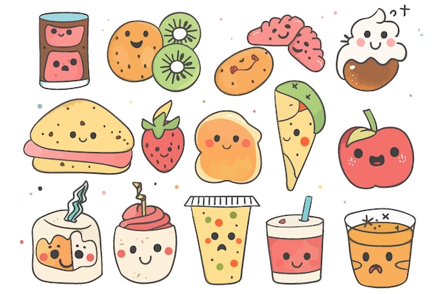 Vector sticker packs of happy and colorful food doodles with adorable faces ideal for cheerful illustrations