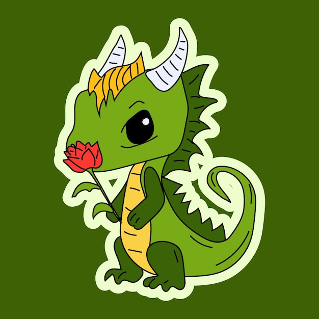 Vector Stock Illustration isolated Emoji character cartoon green dragon dinosaur sniffs a flower