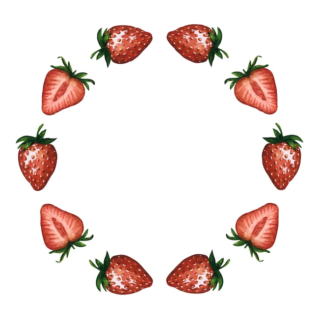 Vector strawberry wreath round frame with ripe and juicy berries Hand drawn watercolor illustration