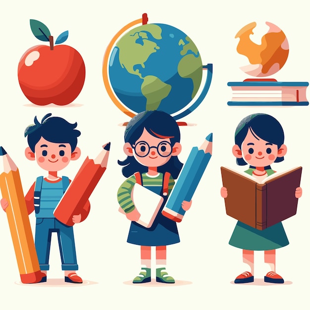 vector students holding books pencil and globe back to school concept illustration