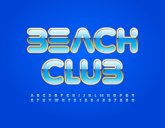 Vector stylish banner Beach Club Blue and Gold abstract Font Techno Alphabet Letters and Numbers