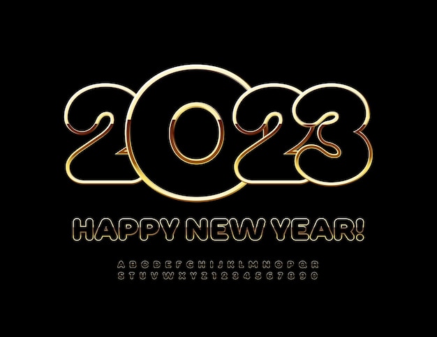 Vector stylish Greeting Card Happy New Year 2023! Black and Golden chic Font. Royal style Alphabet